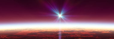 Bulutlu okyanus üzerinden Dünya 'nın doğuşu. 3d resimleme