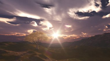 Çayırda gün batımı ve yalnız ağaç, üç boyutlu resimleme