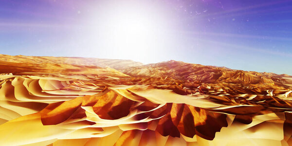 Dunes sunset over the desert. 3d rendering illustration