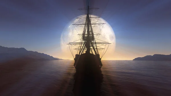 Old Ship Sea Full Moon Illustration Rendering — Stock Photo, Image