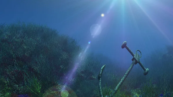 Suyun altındaki çapa güneş ışınları çizimi 3D görüntüleme