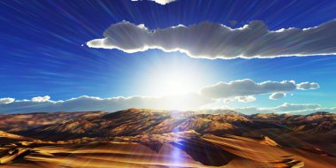 Çölde kum tepeleri batıyor. 3d resimleme