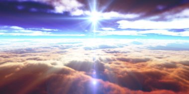 Bulutların üzerinde günbatımı güneş ışığı illüstrasyonu, 3 boyutlu görüntüleme