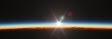 Bulutlu okyanus üzerinden Dünya 'nın doğuşu. 3d resimleme