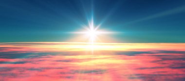 Bulutların üzerinde günbatımı güneş ışığı illüstrasyonu, 3 boyutlu görüntüleme