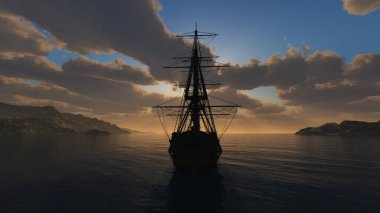 Eski gemi gün batımında deniz çiziminde 3D görüntüleme