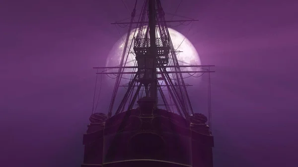 Viejo Barco Mar Luna Llena Ilustración Renderizado — Foto de Stock