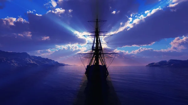 Stará Loď Západ Slunce Moři Ilustrace Vykreslování — Stock fotografie