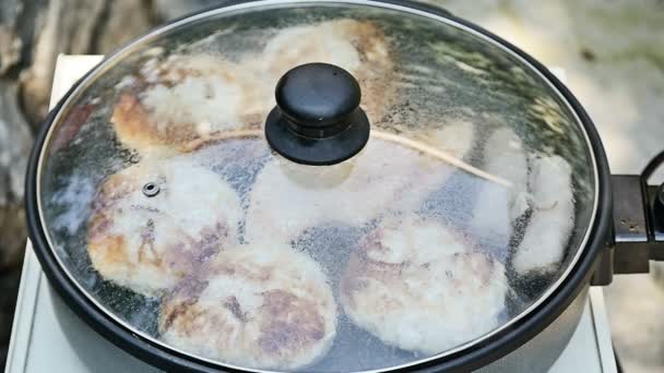 Frying meat in a pan — Stock Video