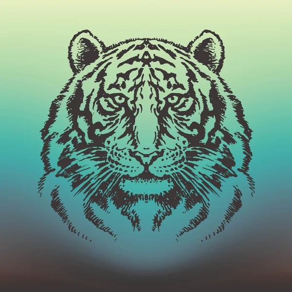 Detaljerad tiger huvudet vektorritning på emerald lutning — Stock vektor