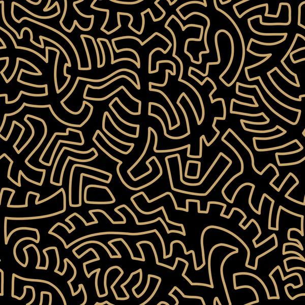 Isolated vector tribal seamless pattern on black background. Linear. Gold. — Stock Vector