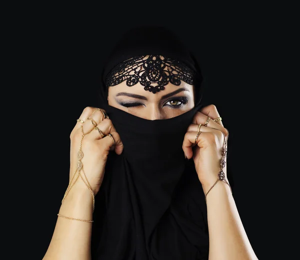Beautiful caucasian young woman with black veil on face, blinking — Stock Photo, Image