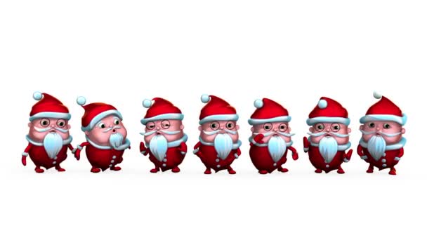 Gelukkige 7 kerstmannen grappige bewegingen maken. Naadloze, alpha kanaal — Stockvideo