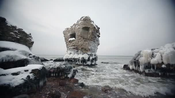 Dramatic frozen demolished forts ruins in Baltic sea, Liepaja, Latvia — Stock Video