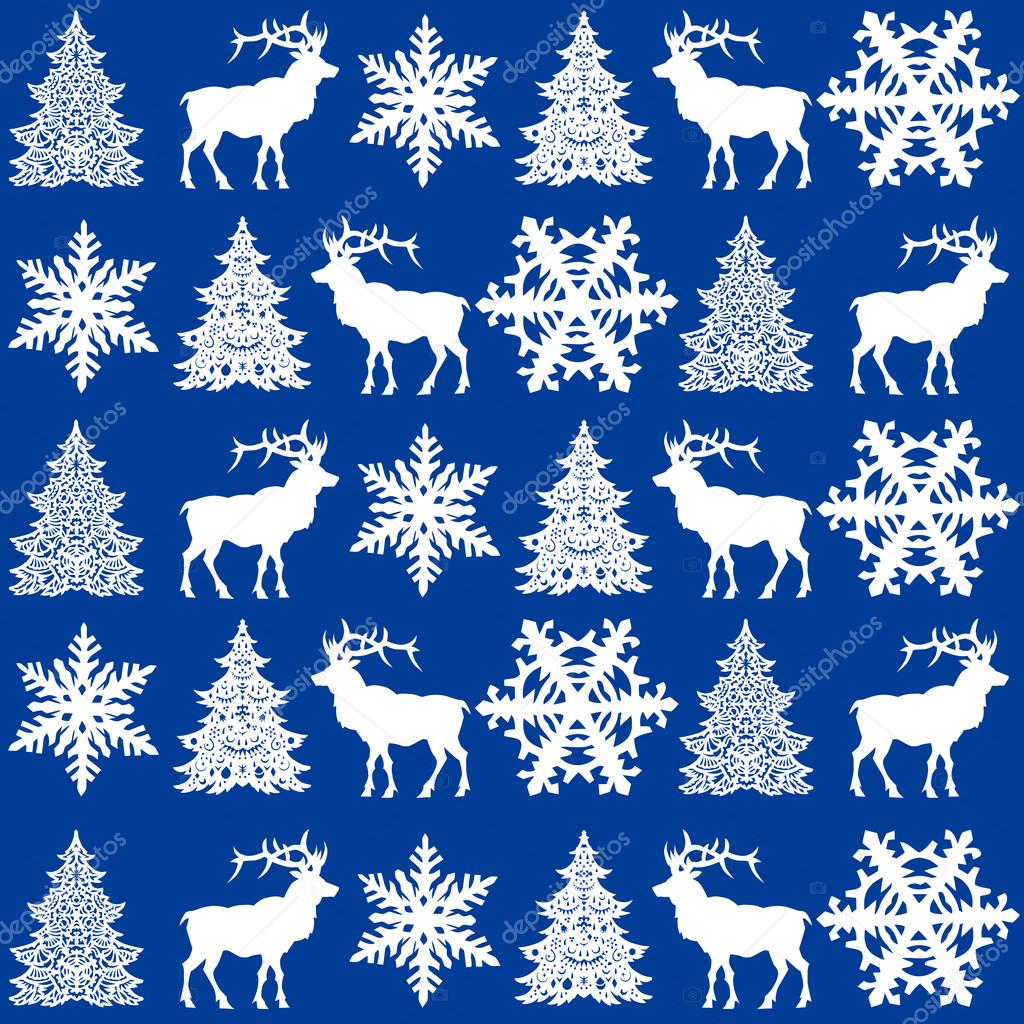 Christmas seamless pattern design - deer, snowflake and Christmas tree