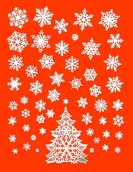 雪花飘落在红色背景与抽象白色圣诞树 — 图库矢量图片