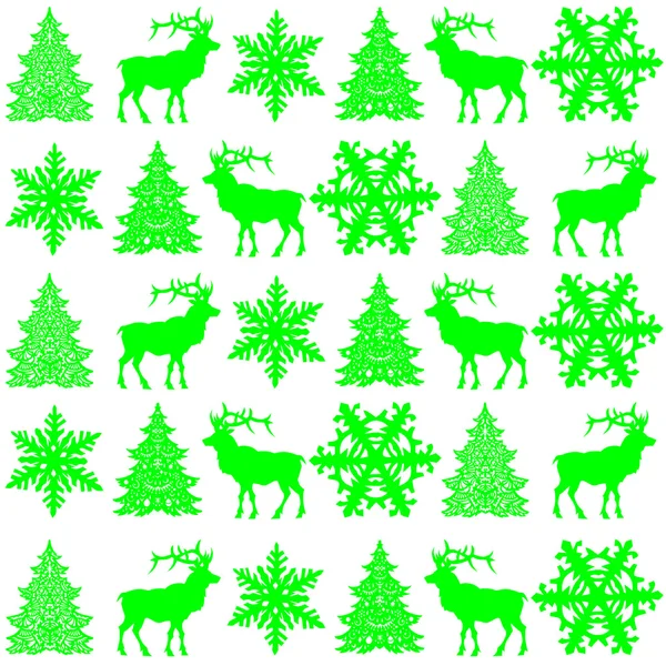 Різдвяний безшовний яскраво-зелений візерунок олень, сніжинка, дерево — стоковий вектор