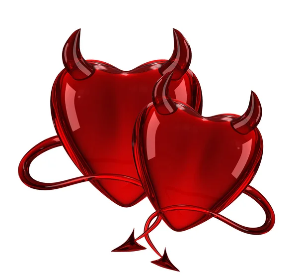 Two Glossy 3D devil red hearts with horns and tails — Stock Photo, Image
