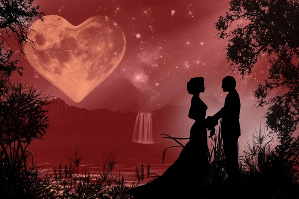 Lovers silhouette Valentine romantic atmosphere — Stock Photo, Image