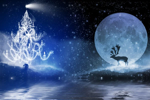 Winter night with christmas tree and reindeer in the moonlight — Stock Photo, Image