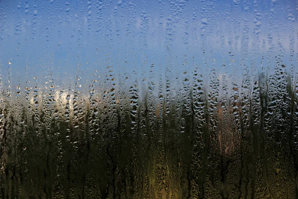 Gotas de água naturais no vidro da janela com fundo da natureza — Fotografia de Stock