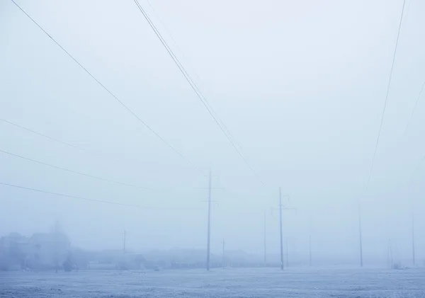 雾蒙蒙的田野里的电线 图库图片