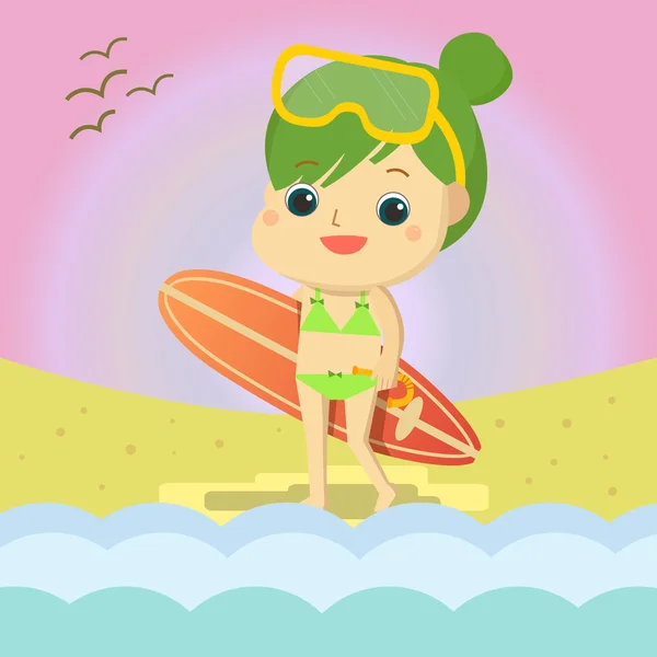Девушка на пляже талисман мультфильма отлично подходит для любого использования. Вектор S10 . — стоковый вектор