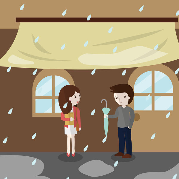 Loving couple under an umbrella in autumn park for any use. Vector EPS10.