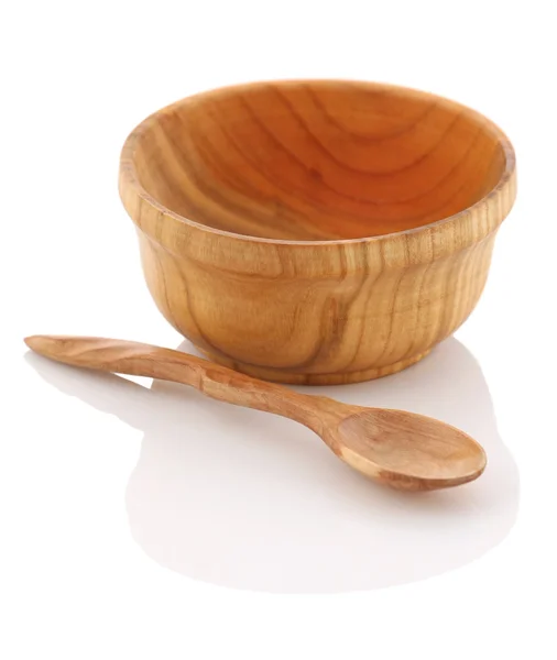 Wooden bowl and spoon on a white background — Stock Photo, Image