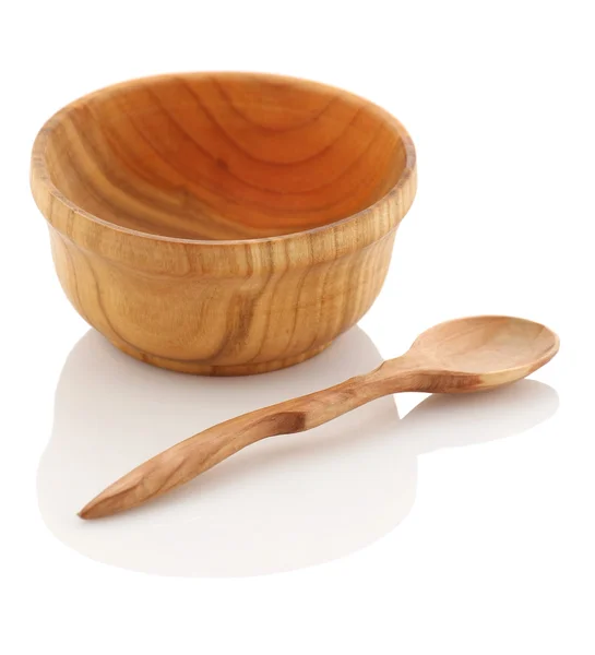 Wooden bowl and spoon on a white background — Stock Photo, Image