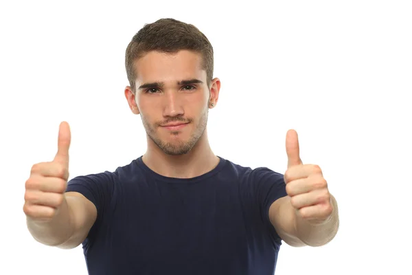 Чоловік у футболці, що показує великі пальці вгору. ізольовані — стокове фото