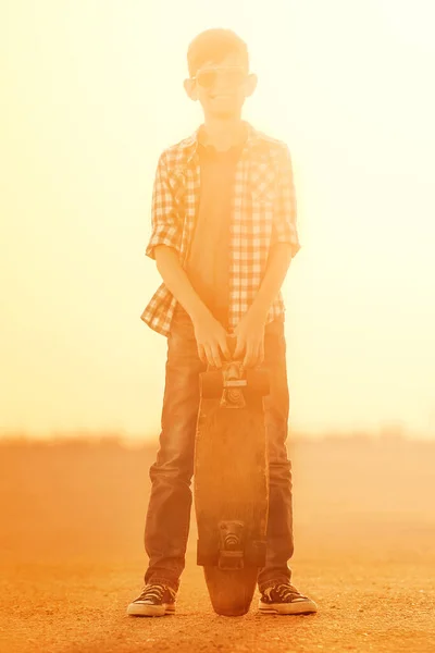 Portrait Teenage Boy Skateboard Steps Stairs Park Summer Afternoon — Stock Photo, Image
