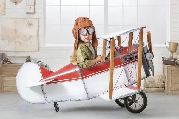 Little Boy Imagines Himself Airplane Pilot Children Room — Stock Photo, Image