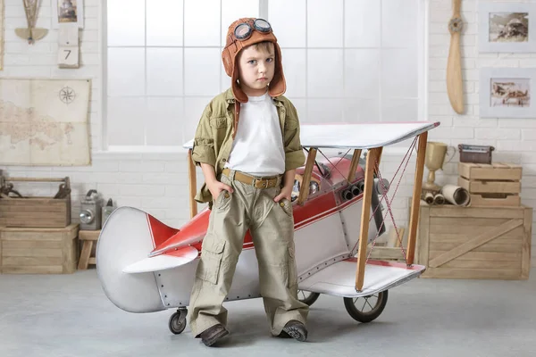 Little Boy Imagines Himself Airplane Pilot Children Room — Stock Photo, Image