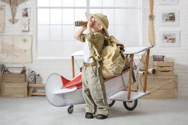 Little Boy Tourist Big Backpack Binoculars Plane Children Room — Stock Photo, Image