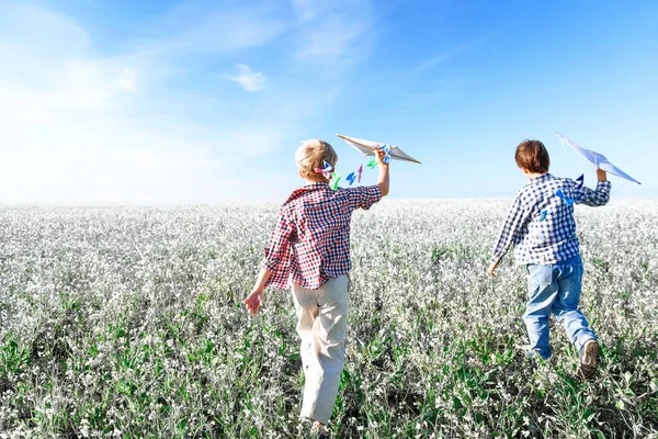 Jonge Jongens Het Veld Een Zonnige Dag — Stockfoto