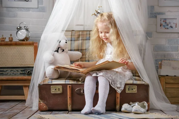 Menina Bonito Fantasia Princesa Lendo Livro Para Seus Brinquedos Quarto — Fotografia de Stock