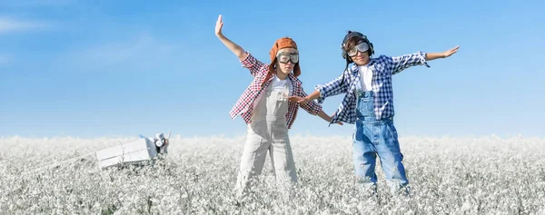 Giovani Aviatori Con Modello Aeroplano Sul Campo Una Giornata Sole — Foto Stock