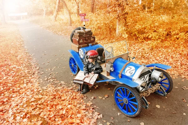 Little Boy Guise Racer Exploring Route Map Sitting Old Race Stock Image