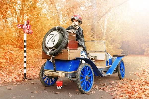 Little Boy Image Racer Finished Old Race Car Autumn Park Stock Photo