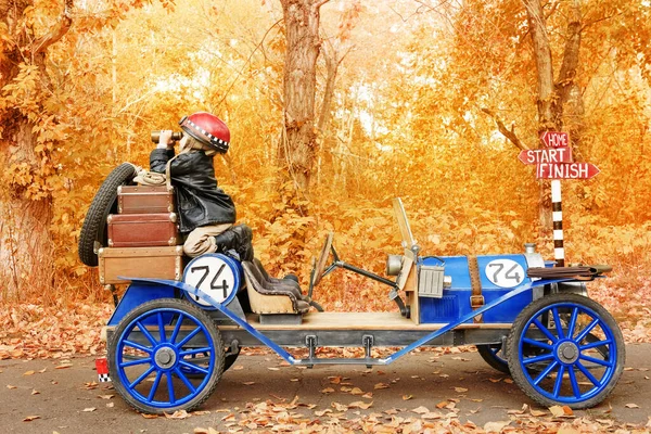 Little Boy Image Racer Finished Old Race Car Autumn Park Royalty Free Stock Images