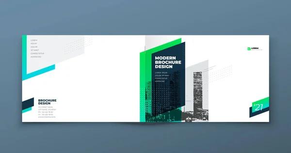 ランドスケープパンフレットのデザイン Teal Greenコーポレートビジネステンプレートパンフレット レポート カタログ 動的形状抽象的な背景と現代のパンフレットレイアウト クリエイティブパンフレットベクトルコンセプト — ストックベクタ