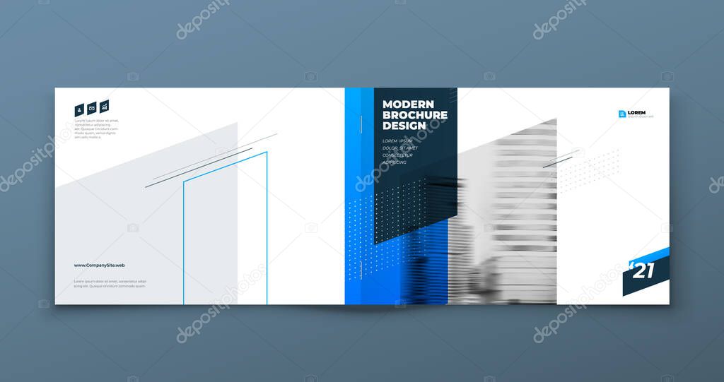 Landscape Brochure design. Blue horizontal corporate business template brochure, report, catalog, magazine. Brochure layout modern with dynamic shape abstract background. Creative vector concept
