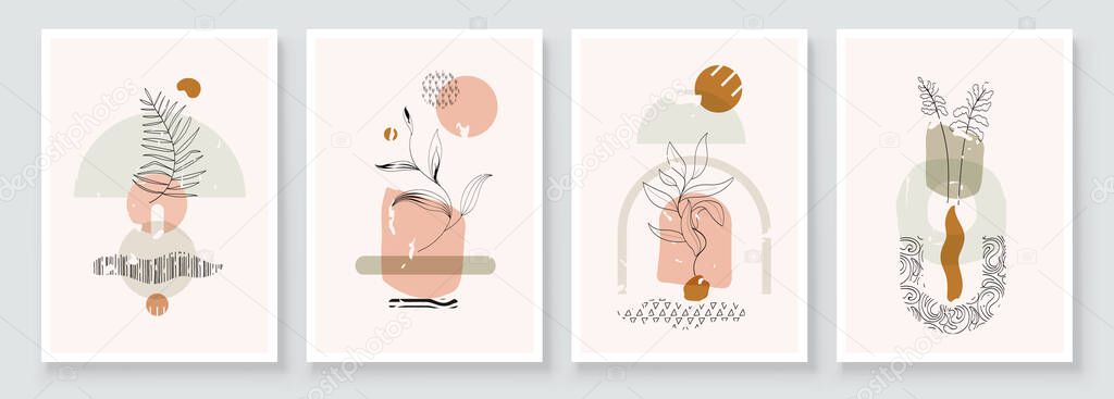 Modern Abstract Art Botanical Wall Art. Boho. Minimal Art Flower on Geometric Shapes Background. Painting Wall Pictures Home Room Decor. Abstract Plant Art design