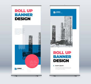 Blue Business Roll Banner. Sunum için soyut Katlama arkaplanı. Dikey rulo, x-stand, sergi, geri çekilebilir pankart standı veya konferans için bayrak tasarımı düzeni, forum.
