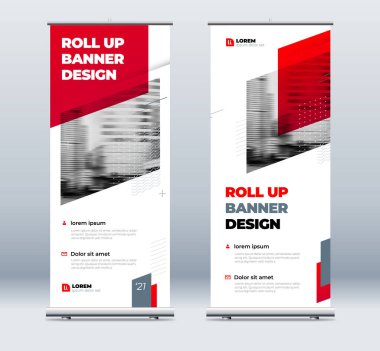 RedBusiness Roll Pankartı. Sunum için soyut Katlama arkaplanı. Dikey rulo, x-stand, sergi, geri çekilebilir pankart standı veya konferans için bayrak tasarımı düzeni, forum.