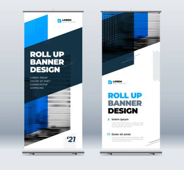 Blue Business Roll Banner. Sunum için soyut Katlama arkaplanı. Dikey rulo, x-stand, sergi, geri çekilebilir pankart standı veya konferans için bayrak tasarımı düzeni, forum.