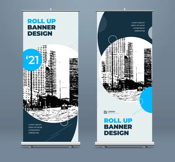 Blue Business Roll Up Banner. Abstract Rol achtergrond op voor presentatie. Verticale roll-up, x-stand, tentoonstellingsdisplay, intrekbare banner stand of vlag ontwerp lay-out voor conferentie, forum. — Stockvector