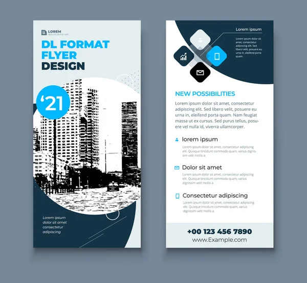 DL flyer design layout. Black Blue DL Corporate business template for flyer. Layout with modern elements and abstract background. Creative concept vector flyer. — Stock Vector