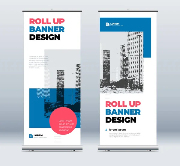 Blue Business Roll Up Banner. Abstract Rol achtergrond op voor presentatie. Verticale roll-up, x-stand, tentoonstellingsdisplay, intrekbare banner stand of vlag ontwerp lay-out voor conferentie, forum. — Stockvector